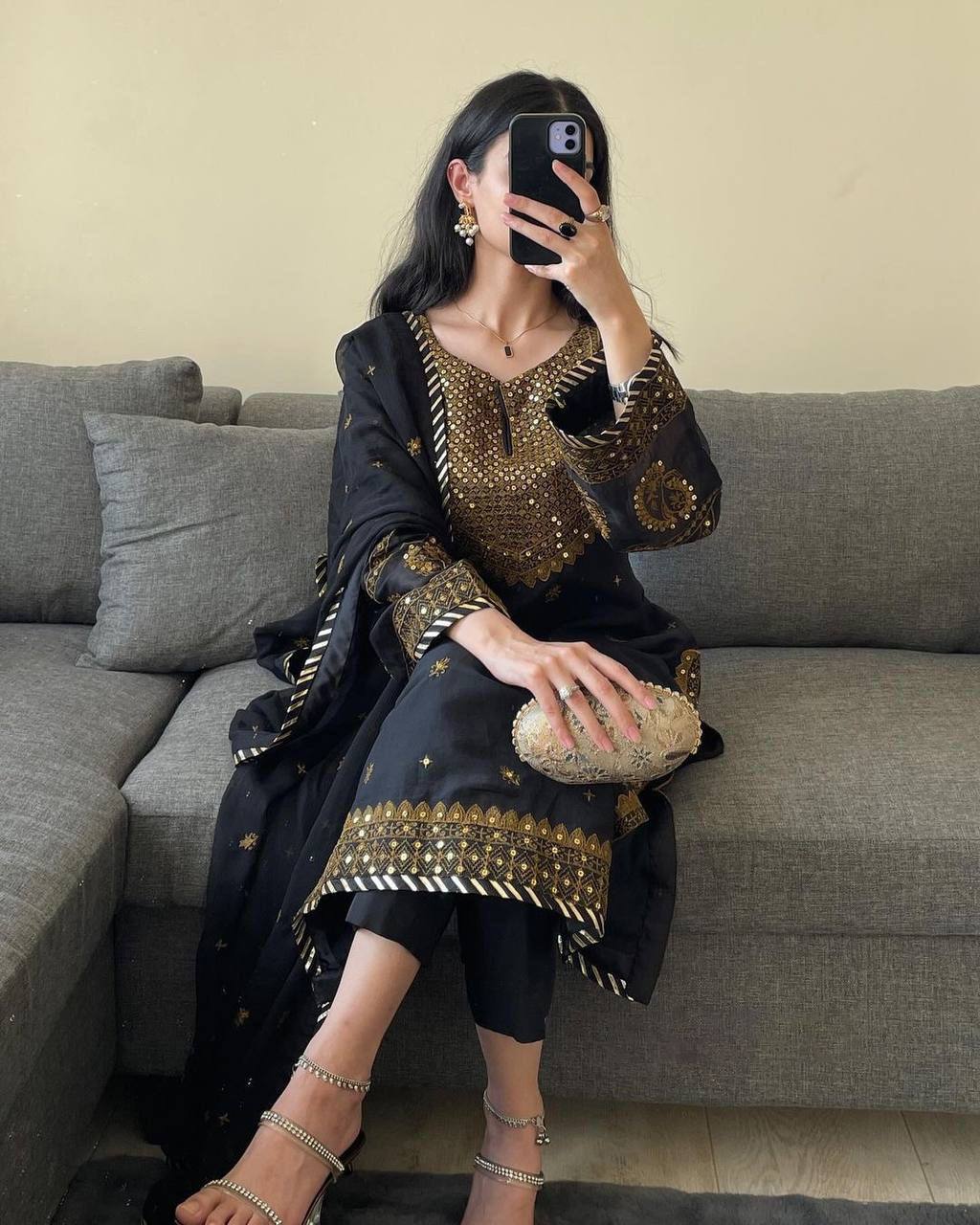 Black Base Heavy Suit Set with golden Embroidery