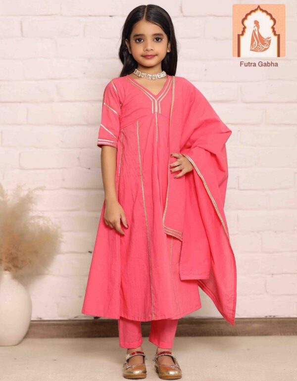 Coral Pink Gotta Work Anarkali Kurta with Pants and Dupatta Set for Girls