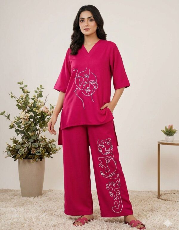 Women Fuchsia Pink Roman Silk Embroidered Co-ord Set