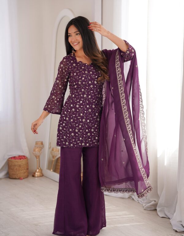 Wine Crunchy Silk Straight Kurta Bell Bottom Pant Set with Jari & Sequence Embroidery