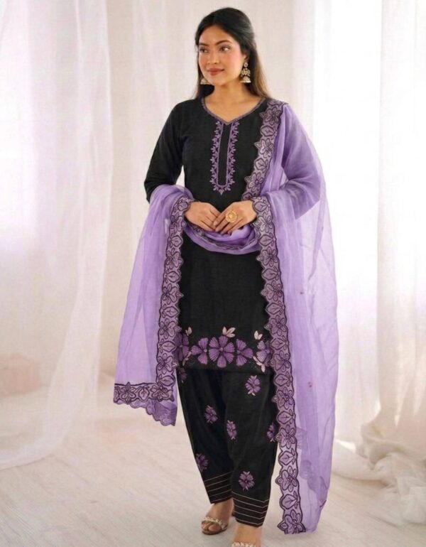 Black Roman Glass Silk Embroidered Kurta Set with Purple Dupatta and farsi salwar