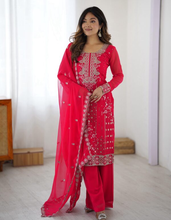 Rani Pink Faux Georgette Thread & Sequin Embroidered Palazzo Suit Set