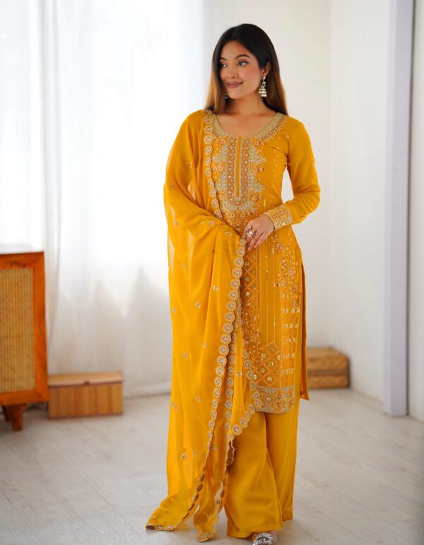 Mustard Faux Georgette Thread & Sequin Embroidered Palazzo Suit Set