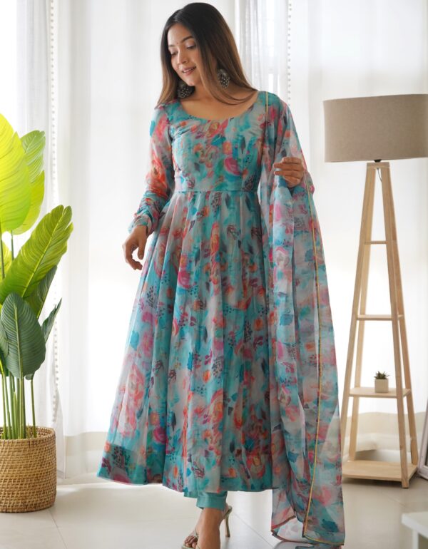 Aqua Blue Floral Organza Anarkali Suit Set With Dupatta & Pants