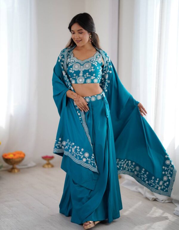 Teal Blue French Crepe Dhoti Set with Embroidered Choli & Shrug